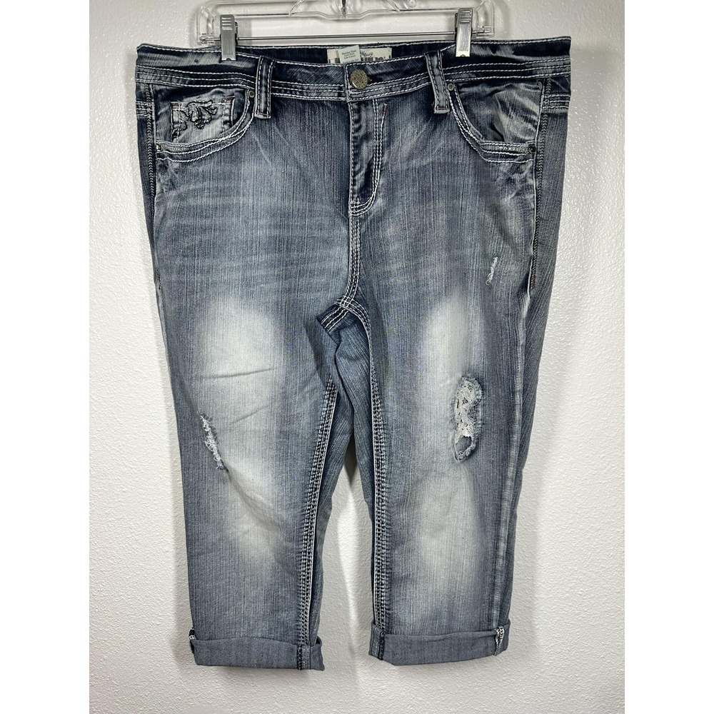 Hydraulic Bailey Jeans Womens 22 Blue Distressed Embroidered Capri Cropped Denim - Picture 8 of 10